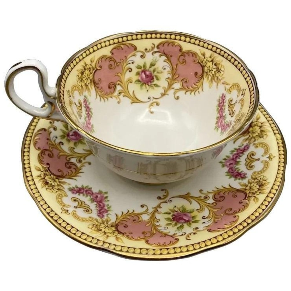 Aynsley C1185 Pink Cartouche Teacup and Saucer Gold Scrolls Pink Roses